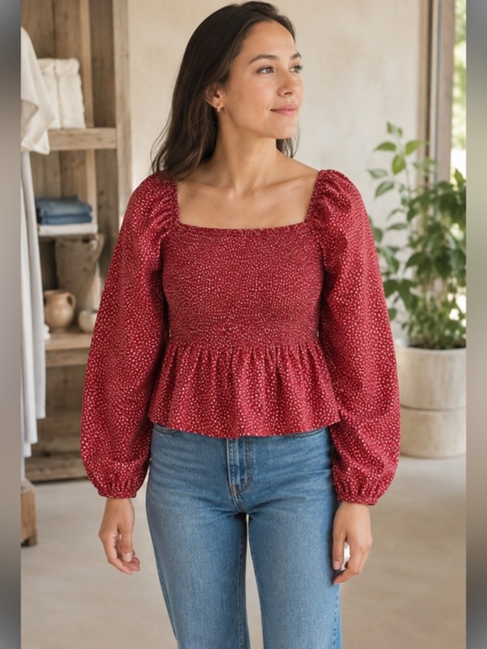 Madewell Red Ditsy Print Smocked Puff Sleeve Peplum Blouse Size 2